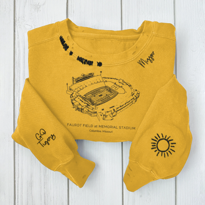 Faurot Field at Memorial Stadium- Missouri Tigers football Unisex Distressed Monogram Collar Sleeve Embroidery Chain Stitch Sweatshirt