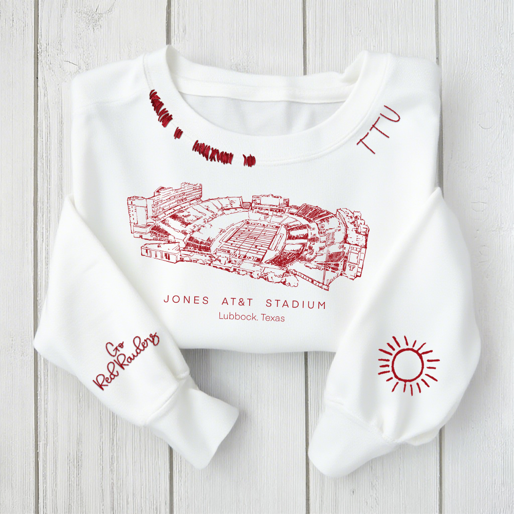 Jones AT&T Stadium - Texas Tech Red Raiders football Unisex Distressed Monogram Collar Sleeve Embroidery Chain Stitch Sweatshirt