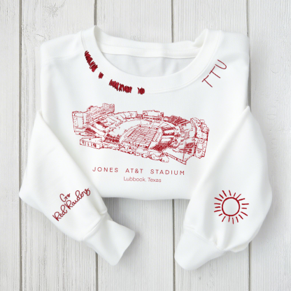 Jones AT&T Stadium - Texas Tech Red Raiders football Unisex Distressed Monogram Collar Sleeve Embroidery Chain Stitch Sweatshirt