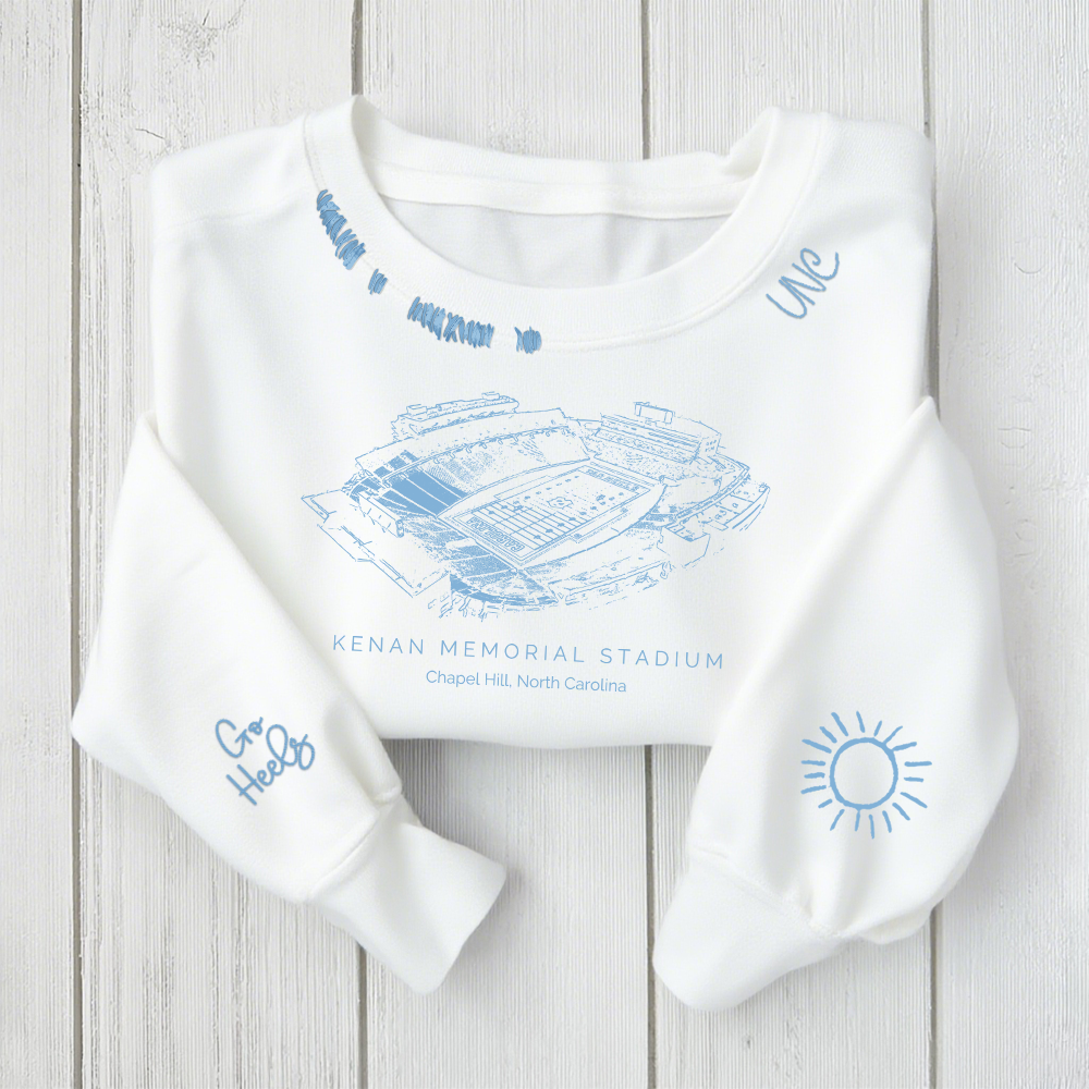 Kenan Memorial Stadium - North Carolina Tar Heels football Unisex Distressed Monogram Collar Sleeve Embroidery Chain Stitch Sweatshirt