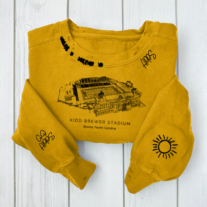 Kidd Brewer Stadium - Appalachian State Mountaineers football Unisex Distressed Monogram Collar Sleeve Embroidery Chain Stitch Sweatshirt