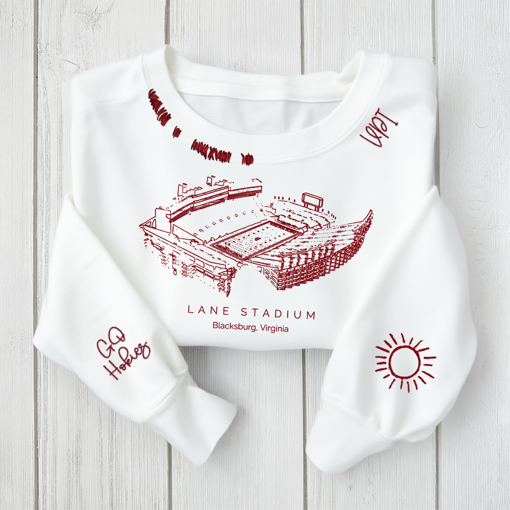 Lane Stadium - Virginia Tech Hokies  football Unisex Distressed Monogram Collar Sleeve Embroidery Chain Stitch Sweatshirt