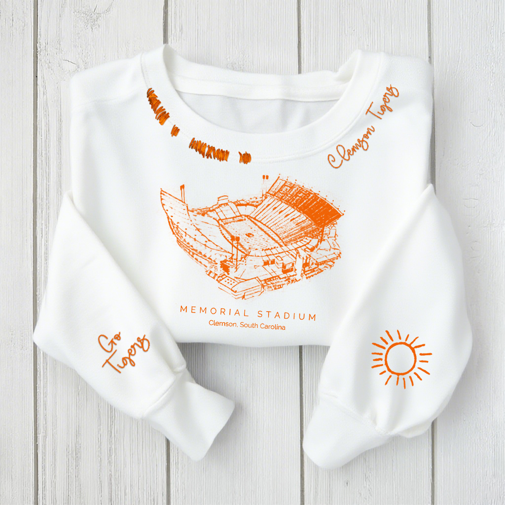 Memorial Stadium (Clemson), Clemson Tigers football Unisex Distressed Monogram Collar Sleeve Embroidery Chain Stitch Sweatshirt