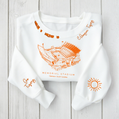 Memorial Stadium (Clemson), Clemson Tigers football Unisex Distressed Monogram Collar Sleeve Embroidery Chain Stitch Sweatshirt