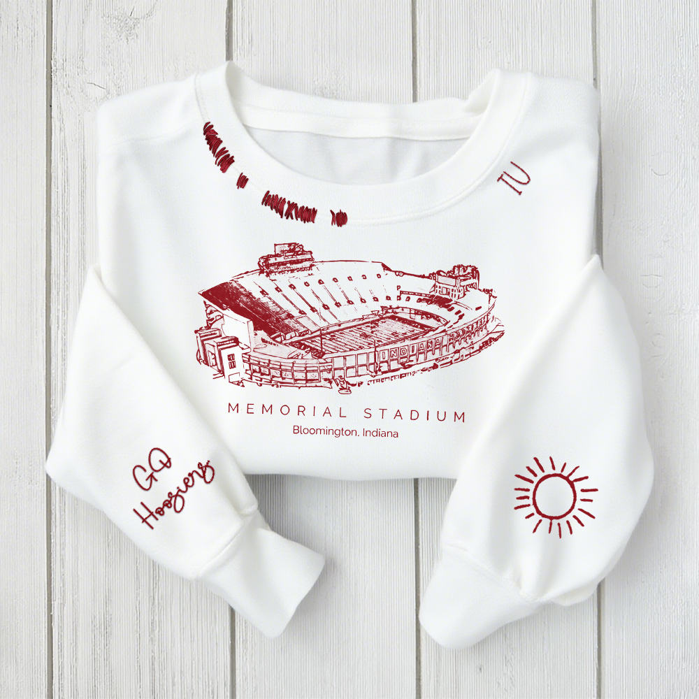 Memorial Stadium (Indiana) - Indiana Hoosiers football Unisex Distressed Monogram Collar Sleeve Embroidery Chain Stitch Sweatshirt