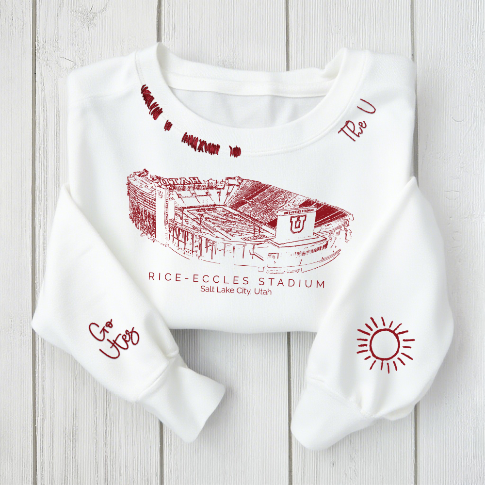 Rice–Eccles Stadium - Utah Utes football Unisex Distressed Monogram Collar Sleeve Embroidery Chain Stitch Sweatshirt