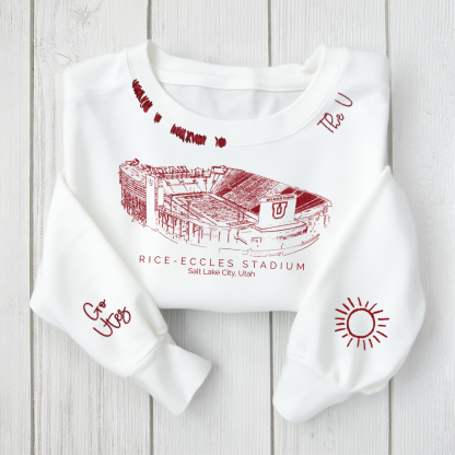 Rice–Eccles Stadium - Utah Utes football Unisex Distressed Monogram Collar Sleeve Embroidery Chain Stitch Sweatshirt