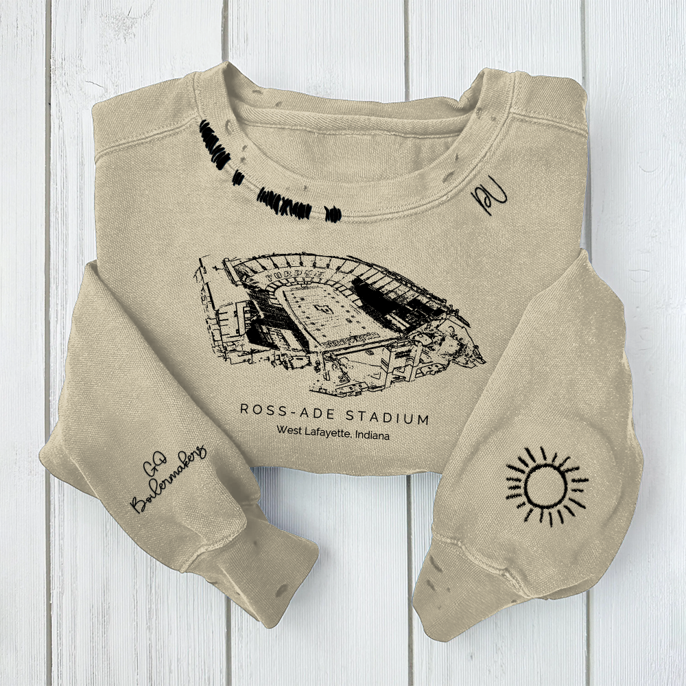 Ross–Ade Stadium - Purdue Boilermakers football Unisex Distressed Monogram Collar Sleeve Embroidery Chain Stitch Sweatshirt