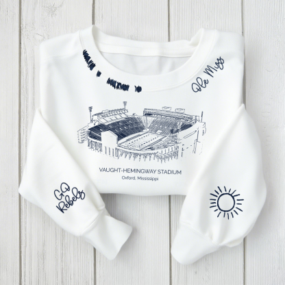 Vaught–Hemingway Stadium - Ole Miss Rebels football Unisex Distressed Monogram Collar Sleeve Embroidery Chain Stitch Sweatshirt