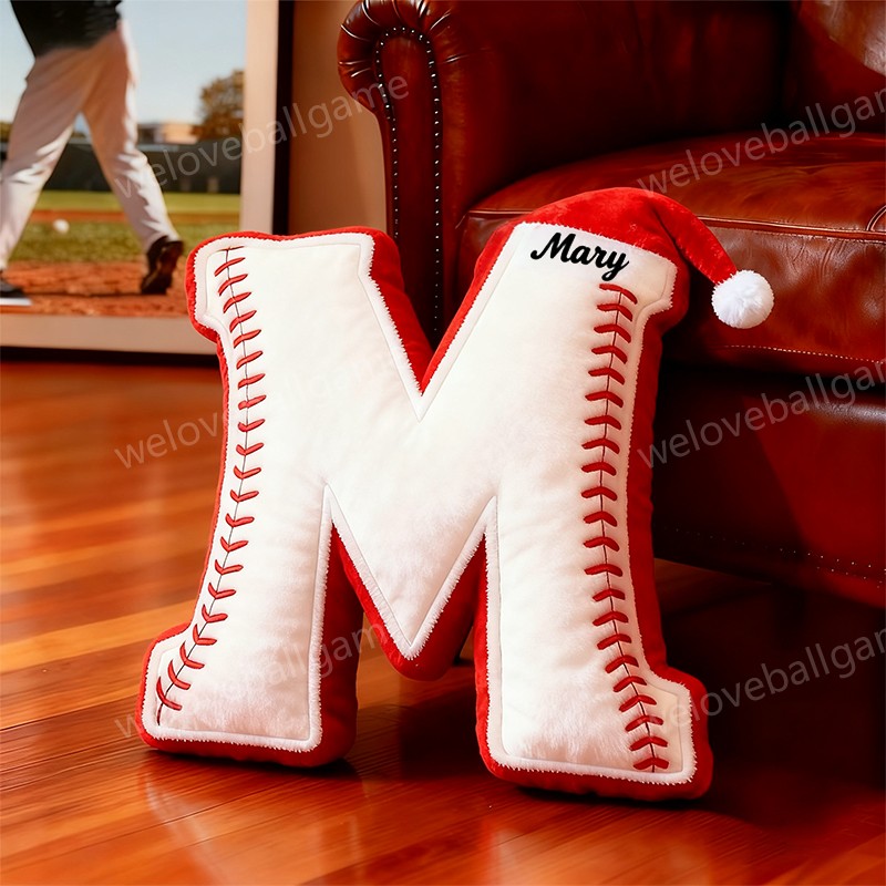Custom Christmas Santa Hat Baseball Initial Pillow With Custom Name For Kids And Sports Fans