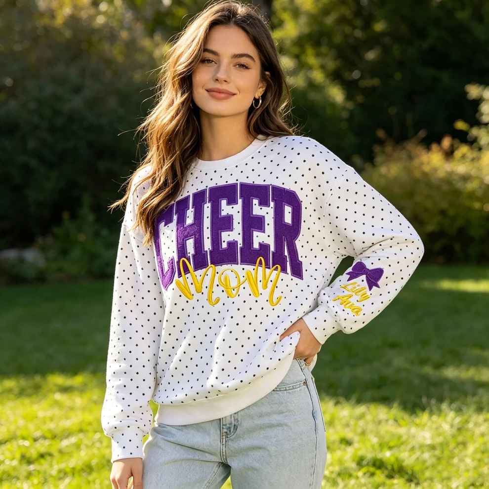 Custom Glitter Embroidered College Cheer Mom Polka Dot Sweatshirt, Gifts for Sports Mom, Game Day Wear