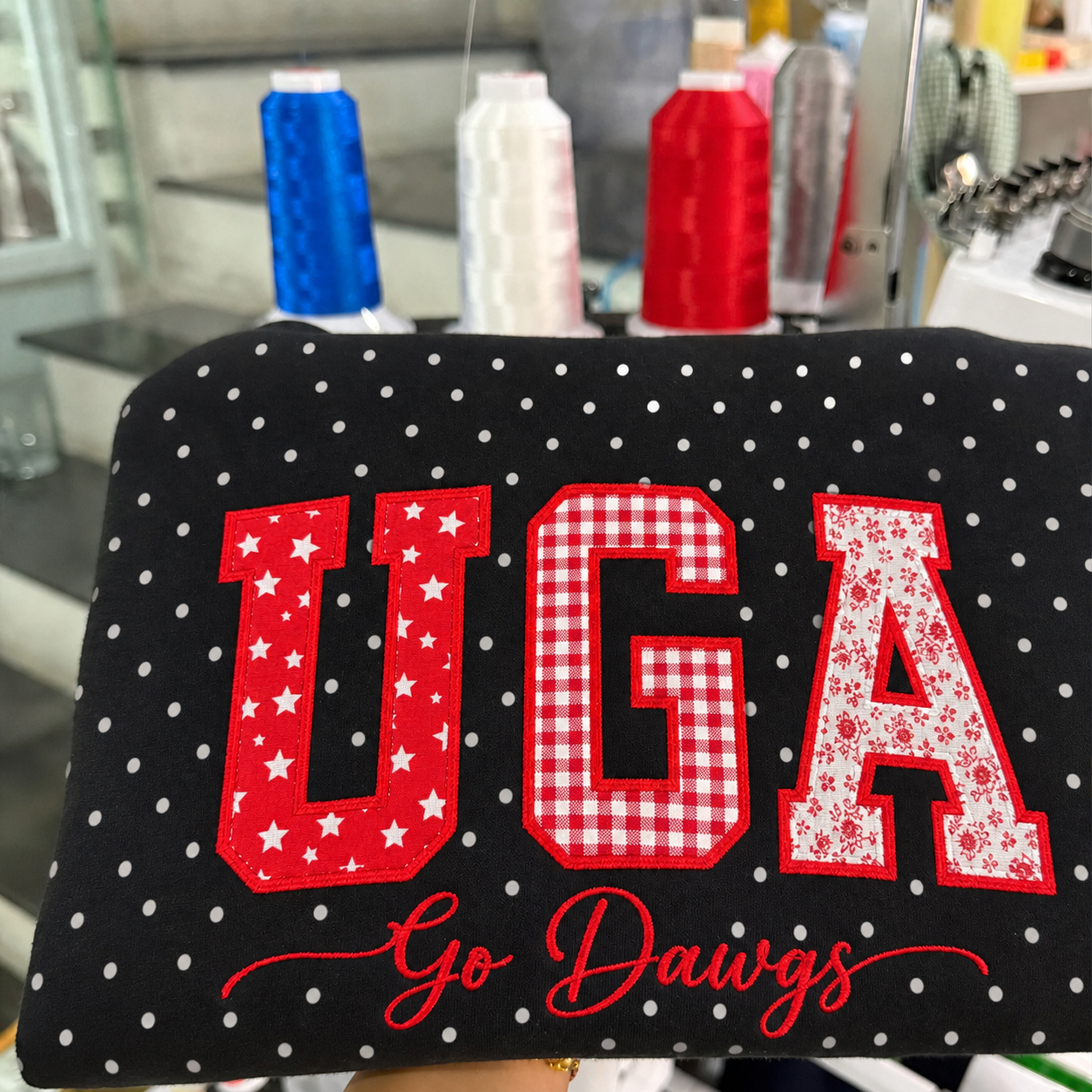 Custom Patchwork Fabric Embroidered Polka Dot Sweatshirt Team and School Name Applique Varsity Letters