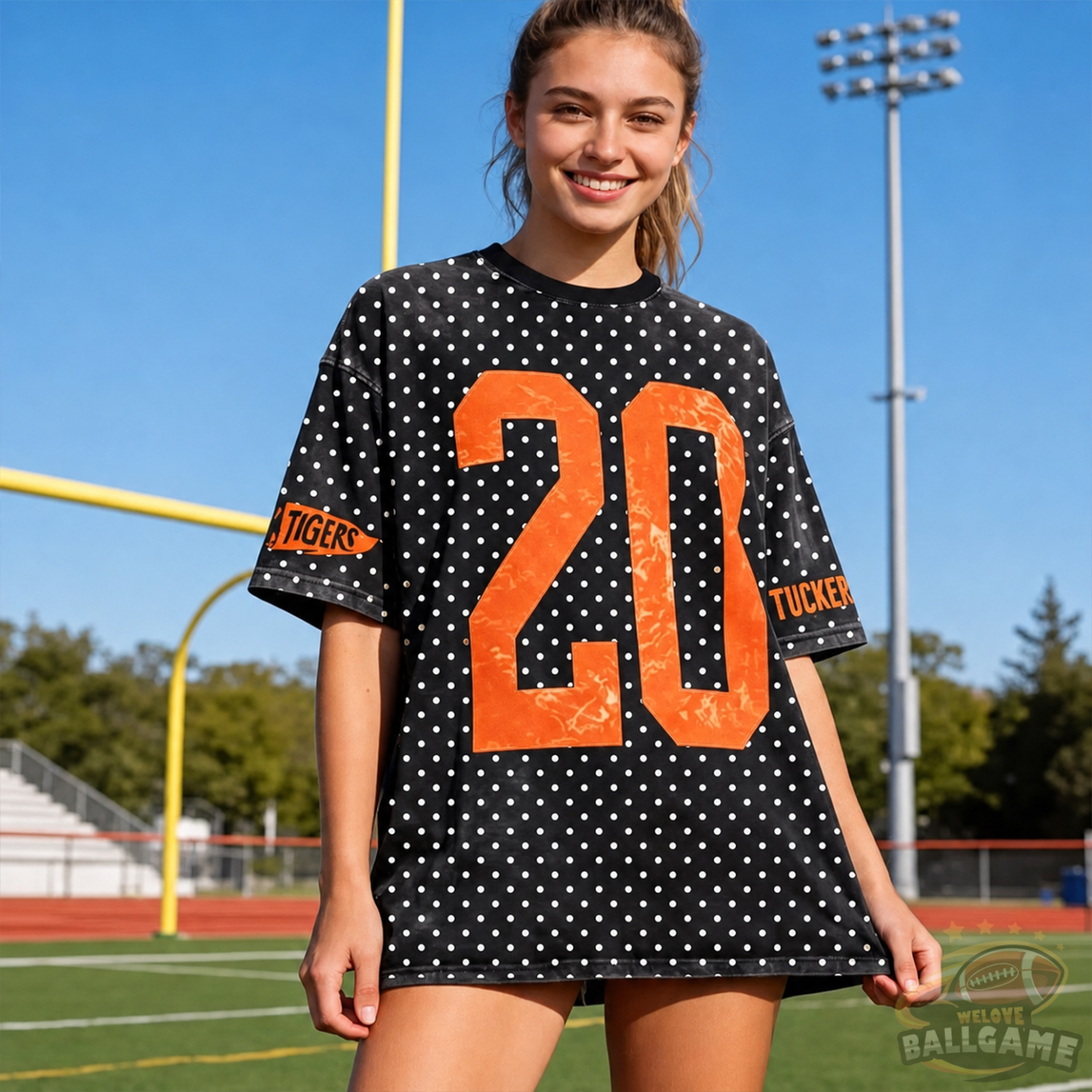 Custom Vintage Varsity Number and Custom Name on Back Polka Dot Washed T-Shirt Game Day School Spirit Shirt