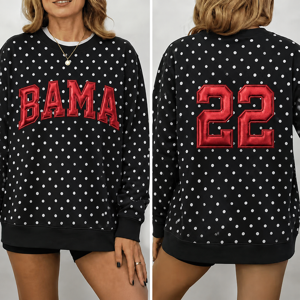 Custom Metallic Puff Polka Dot Team Name Sweatshirt - Personalized Back Number Game Day Crewneck