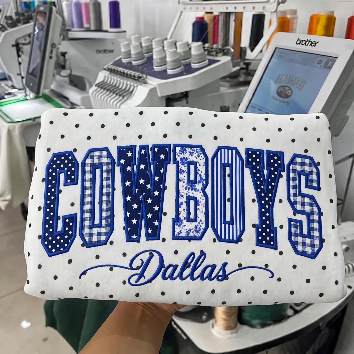 Custom Patchwork Fabric Embroidered Polka Dot Sweatshirt Team and School Name Applique Varsity Letters