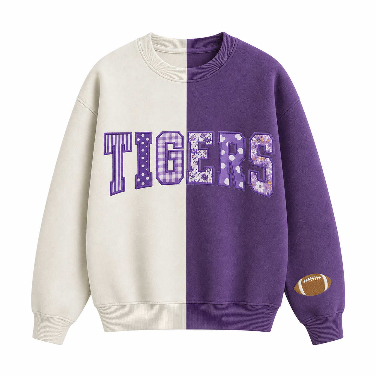 Custom Patchwork Fabric Embroidered Two Tone Sweatshirt For Game Day