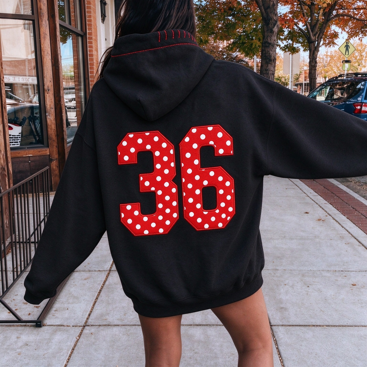 Custom Polka Dot Number Baseball Patchwork Hoodie, Personalized Player Number Game Day Apparel