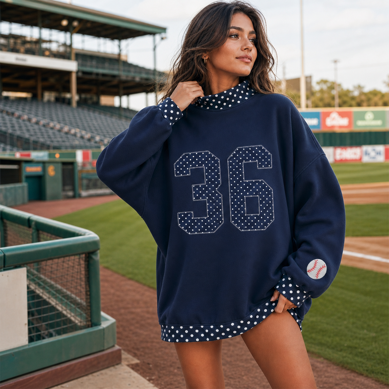 Custom Polka Dot Number Baseball Patchwork Polka Dot Check MockNeck Pullover 