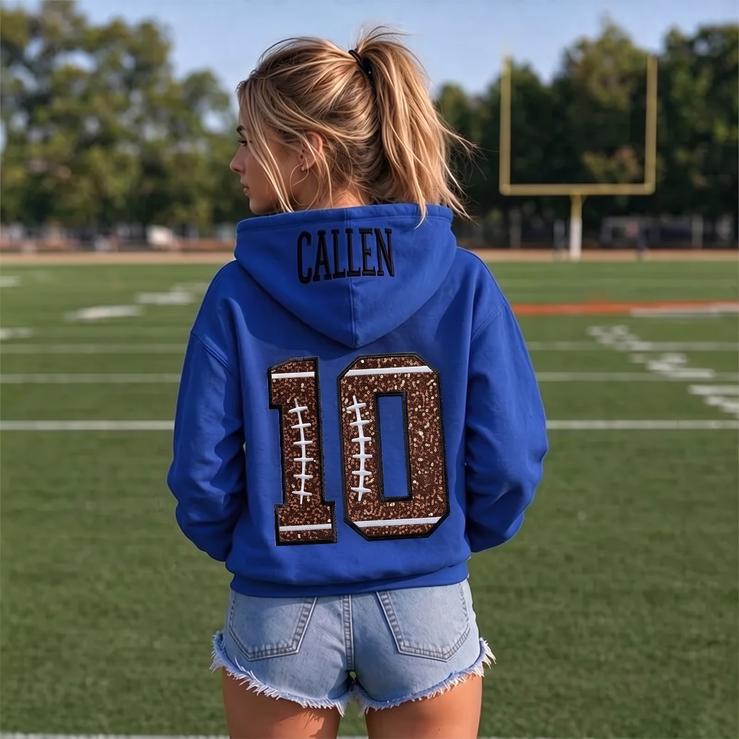 Personalized Football Sequin Number Hoodie, Custom Embroidered Name Game Day Sweatshirt for Women
