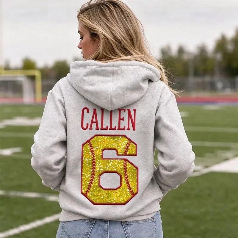 Custom Embroidered Hoodie, Personalized Name Baseball Sequin Number Sports Pullover for Women