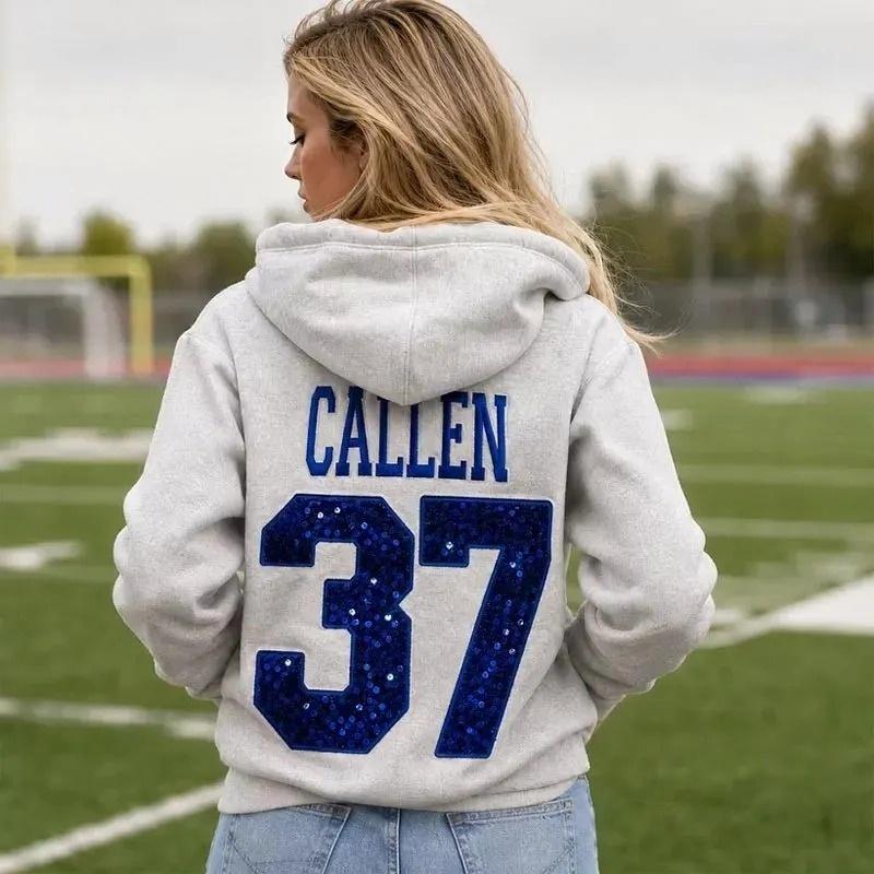Custom Sequin Number Hoodie, Personalized Name Embroidery On Hood Back Game Day Team Spirit Hoodie