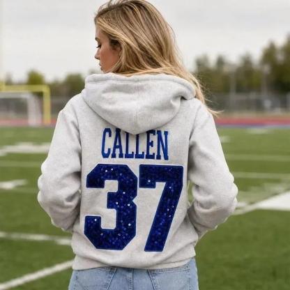 Custom Sequin Number Hoodie, Personalized Name Embroidery On Hood Back Game Day Team Spirit Hoodie