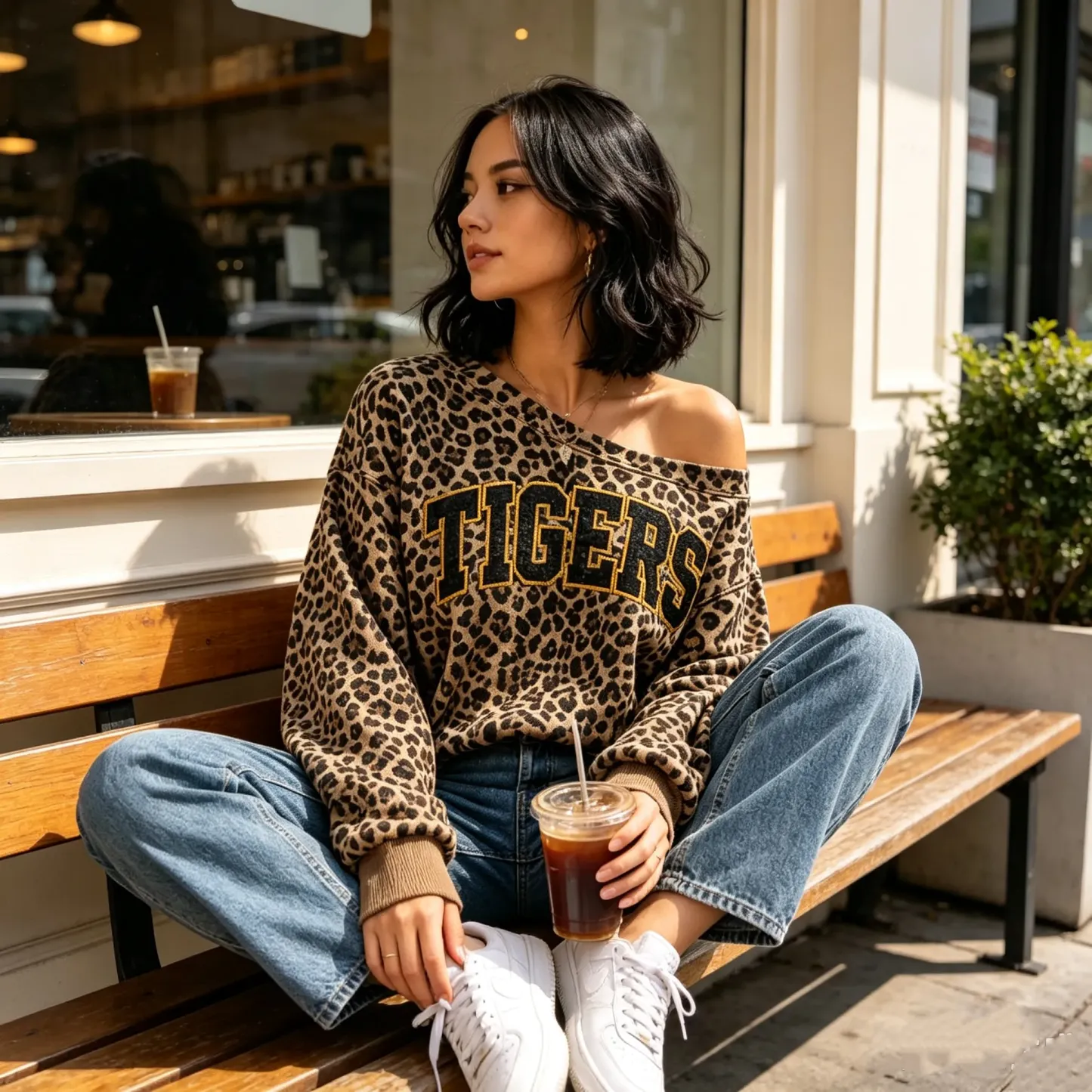 Personalized Leopard Print Off-Shoulder Game Day Sweatshirt, Custom Team Name Glitter Sweatshirt