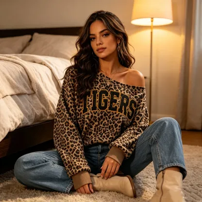 Personalized Leopard Print Off-Shoulder Game Day Sweatshirt, Custom Team Name Glitter Sweatshirt