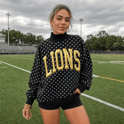 Custom Metallic Puff Mock Neck Sweatshirt - Personalized College Team Name Polka Dot Game Day Wear