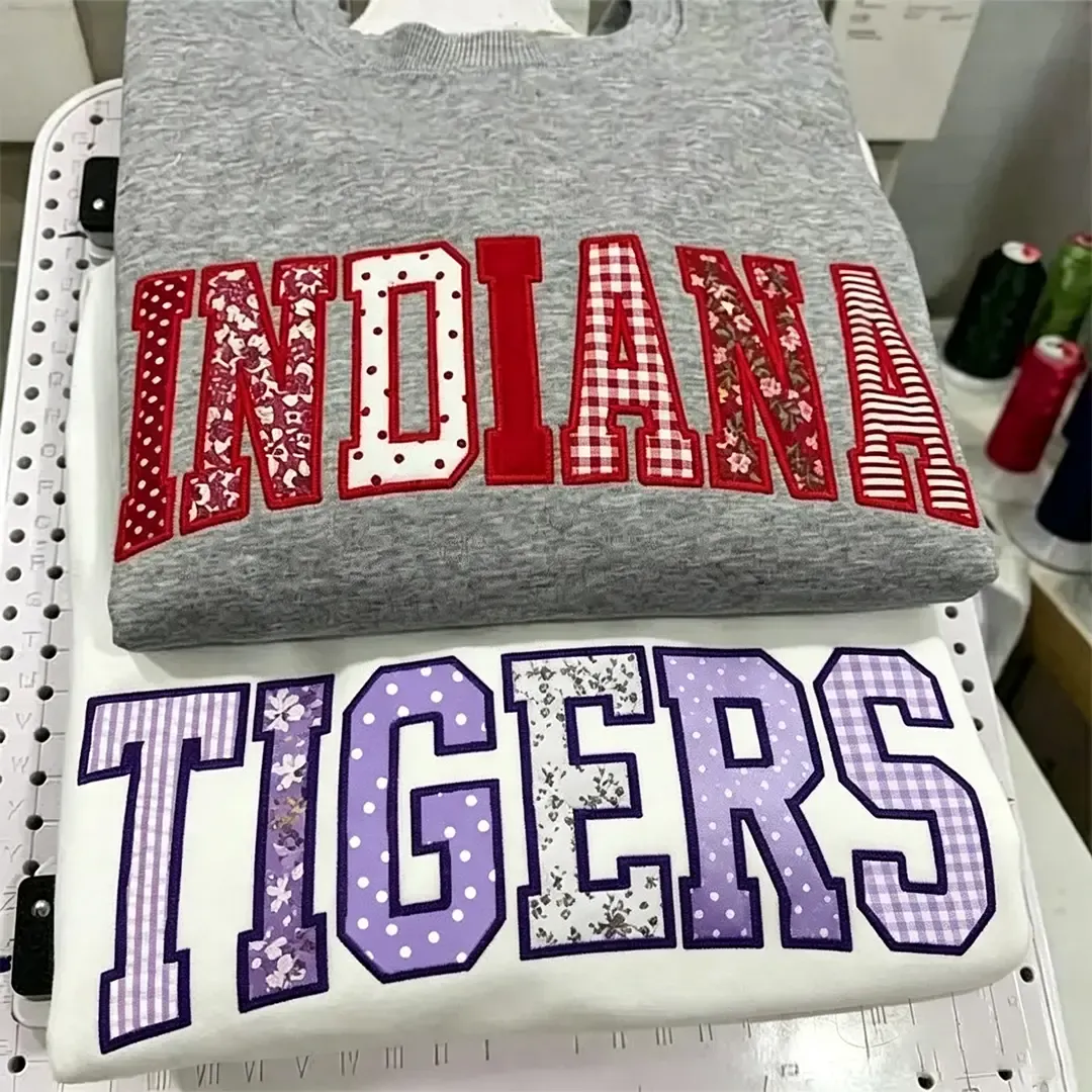 Custom Patchwork Fabric Embroidered Sweatshirt Team and School Name Applique Varsity Letters