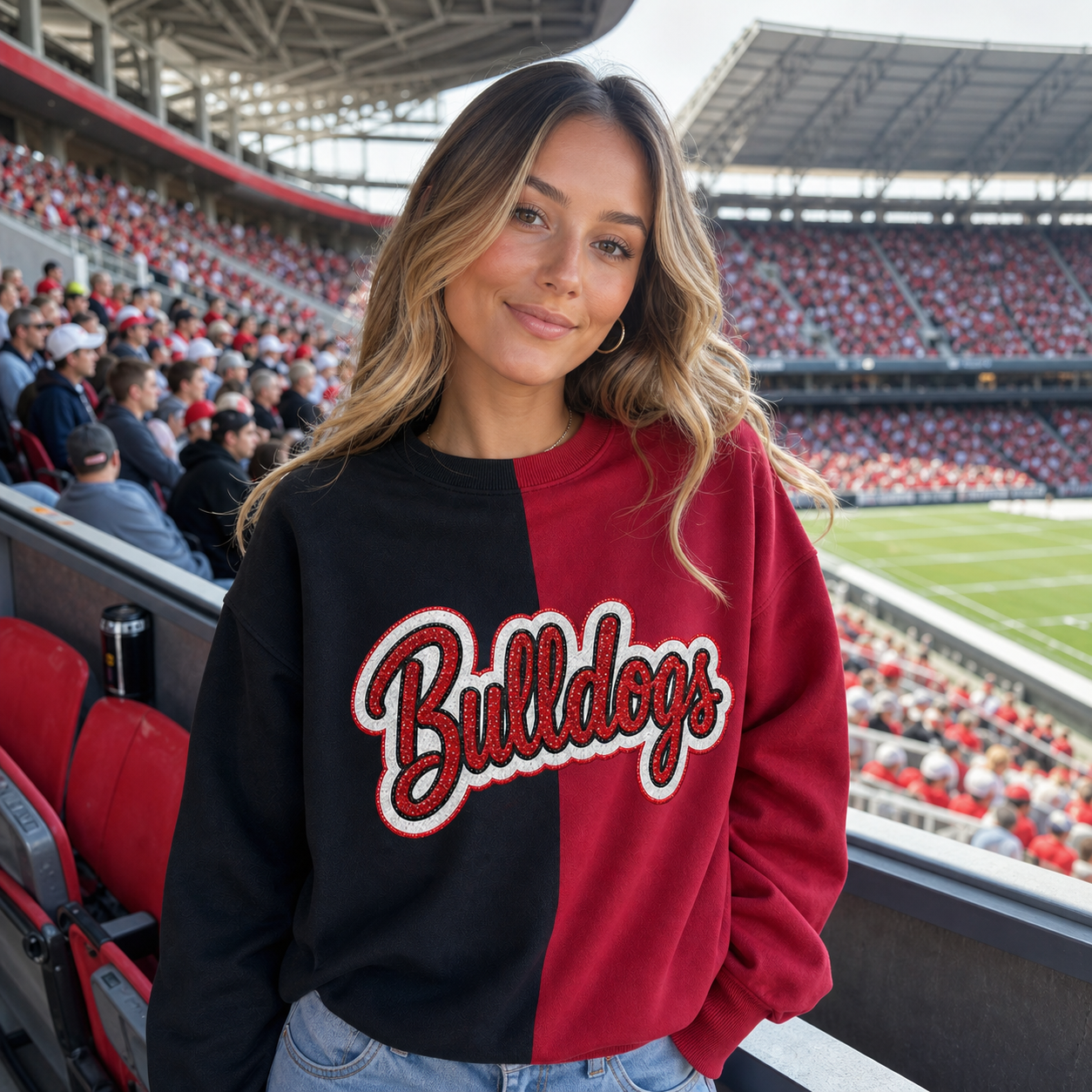 Custom Glitter Team Name Embroidered Two Tone Crewneck Sweatshirt, Personalized Game Day Pullover
