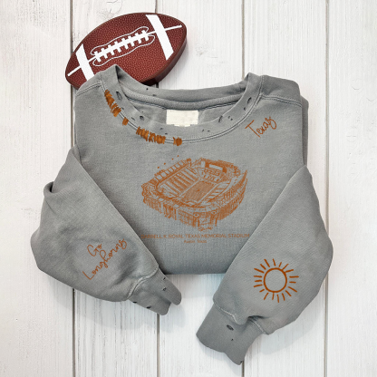 Darrell K Royal–Texas Memorial Stadium Unisex Distressed Monogram Collar Sleeve Embroidery Chain Stitch Sweatshirt 