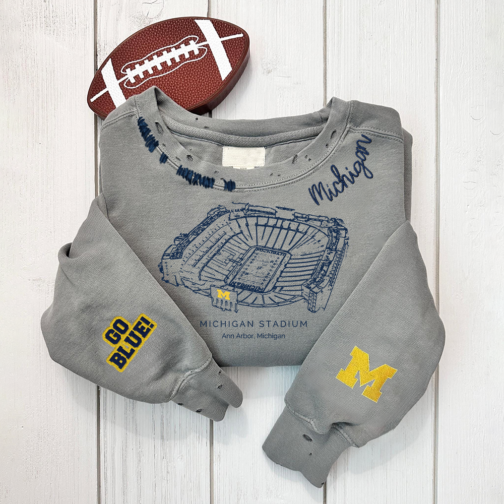 Michigan Stadium - Michigan Wolverines football Unisex Distressed Monogram Collar Sleeve Embroidery Chain Stitch Sweatshirt