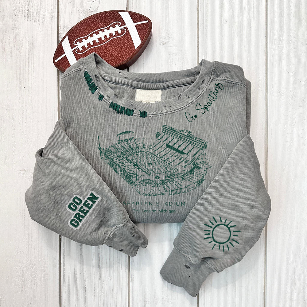 Spartan Stadium - Michigan State Spartans football Unisex Distressed Monogram Collar Sleeve Embroidery Chain Stitch Sweatshirt