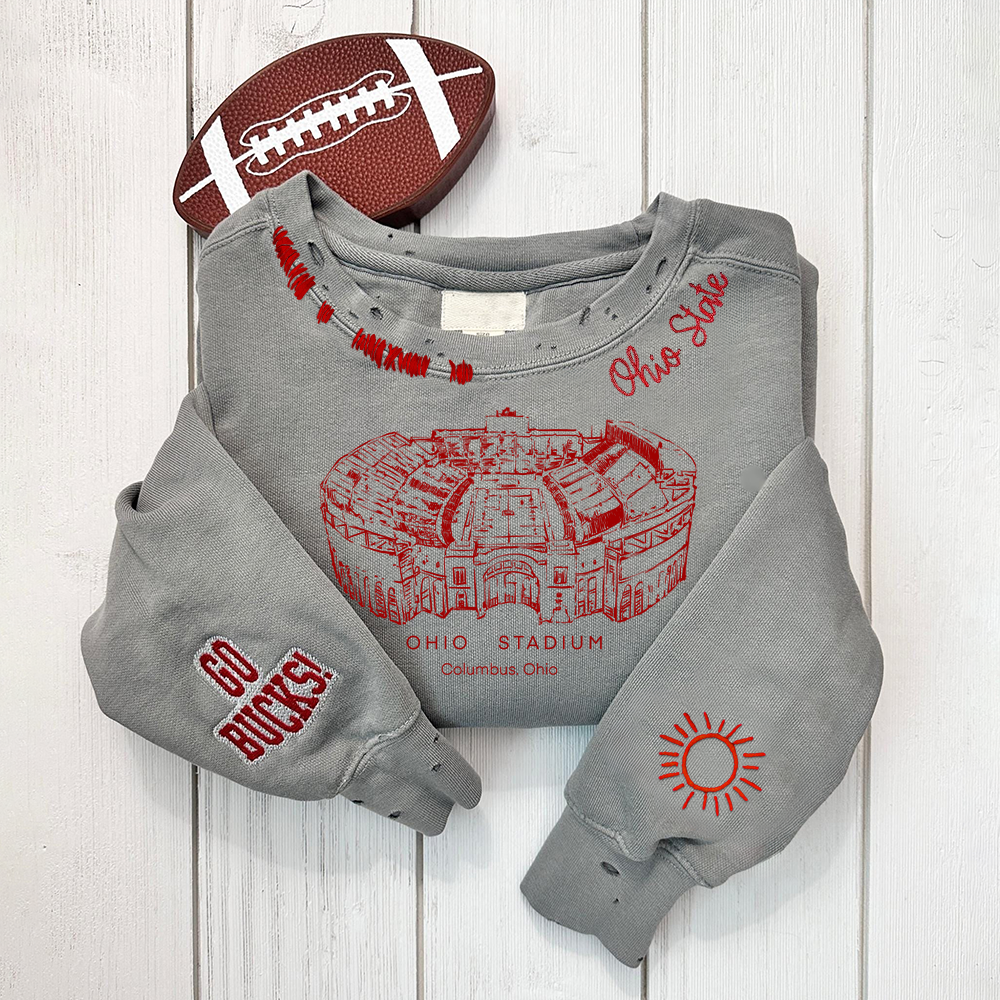 Ohio Stadium - Ohio State Buckeyes football Unisex Distressed Monogram Collar Sleeve Embroidery Chain Stitch Sweatshirt