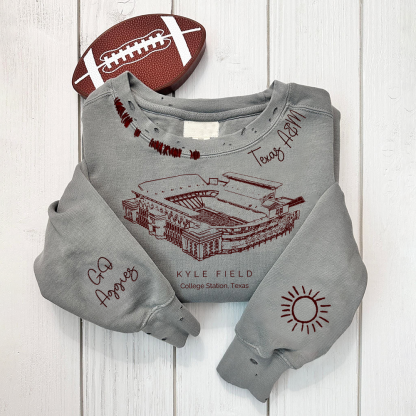 Kyle Field - Texas A&M Aggies football Unisex Distressed Monogram Collar Sleeve Embroidery Chain Stitch Sweatshirt