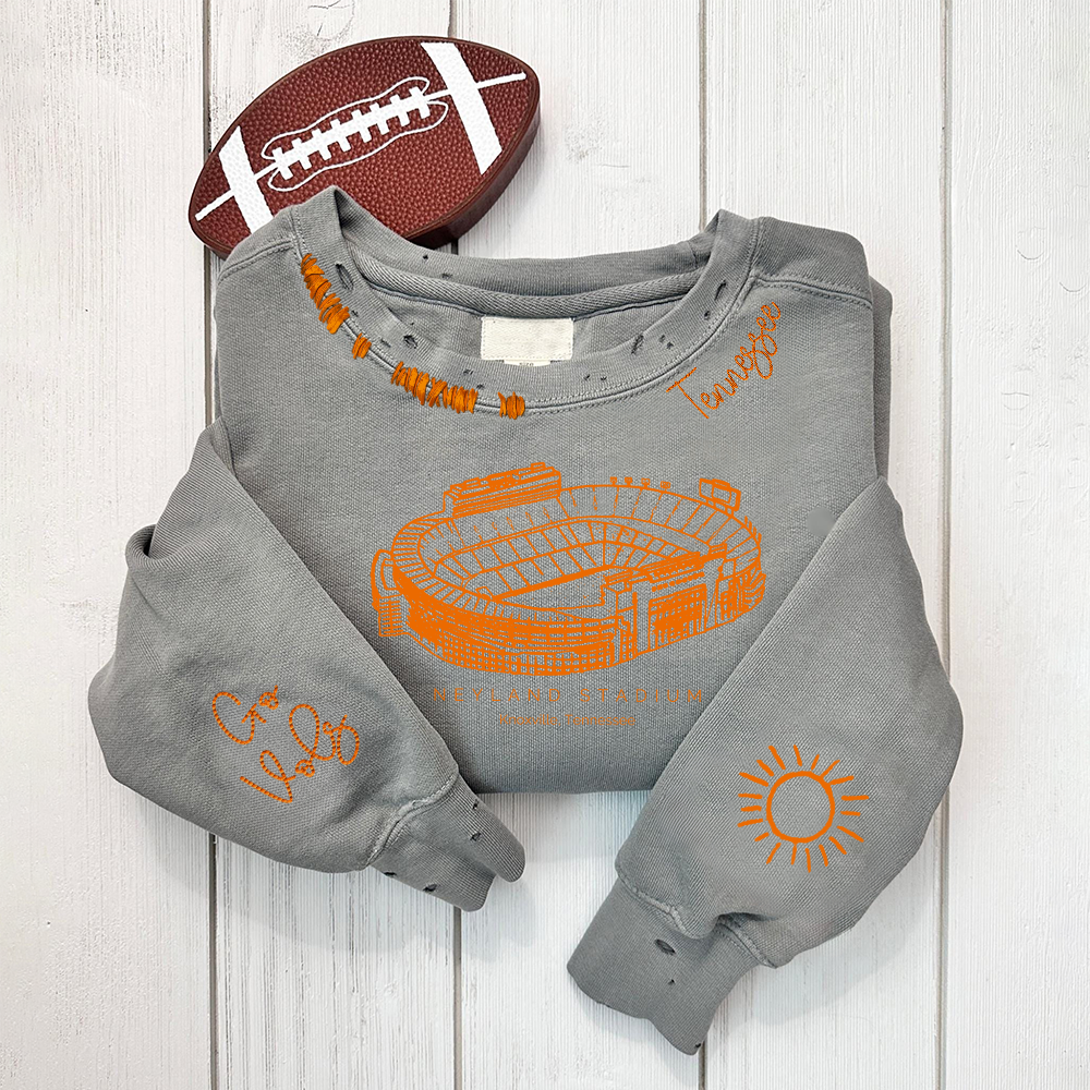 Neyland Stadium - Tennessee Volunteers football Unisex Distressed Monogram Collar Sleeve Embroidery Chain Stitch Sweatshirt