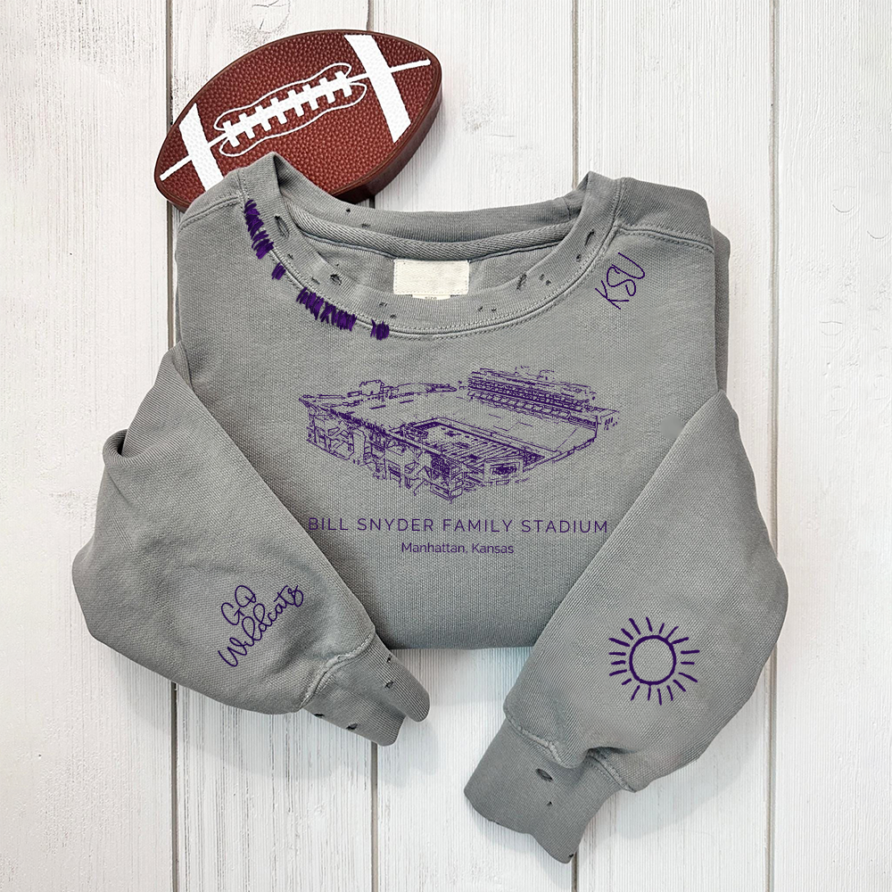 Bill Snyder Family Stadium - Kansas State Wildcats football Unisex Distressed Monogram Collar Sleeve Embroidery Chain Stitch Sweatshirt