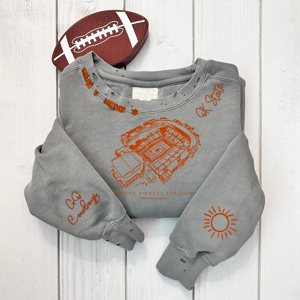 Boone Pickens Stadium - Oklahoma State Cowboys football Unisex Distressed Monogram Collar Sleeve Embroidery Chain Stitch Sweatshirt