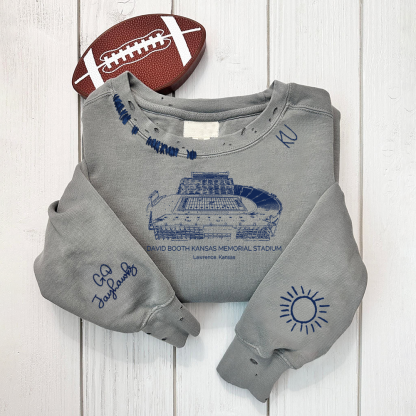 David Booth Kansas Memorial Stadium - Kansas Jayhawks football Unisex Distressed Monogram Collar Sleeve Embroidery Chain Stitch Sweatshirt