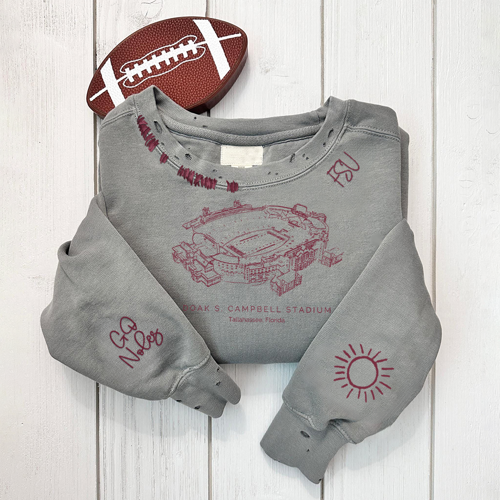 Doak S.Campbell Stadium - Florida State Seminoles football Unisex Distressed Monogram Collar Sleeve Embroidery Chain Stitch Sweatshirt