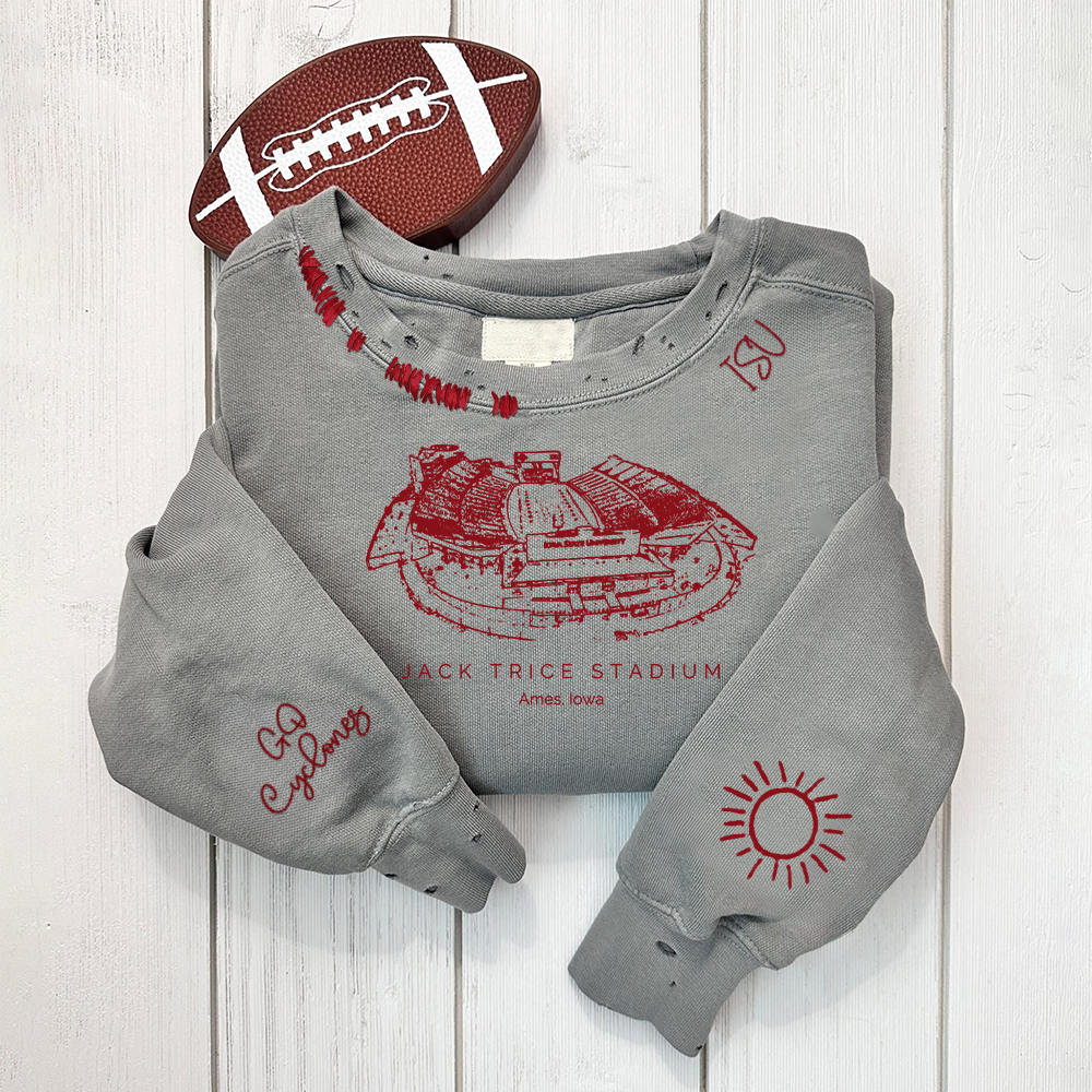 Jack Trice Stadium - Iowa State Cyclones football Unisex Distressed Monogram Collar Sleeve Embroidery Chain Stitch Sweatshirt
