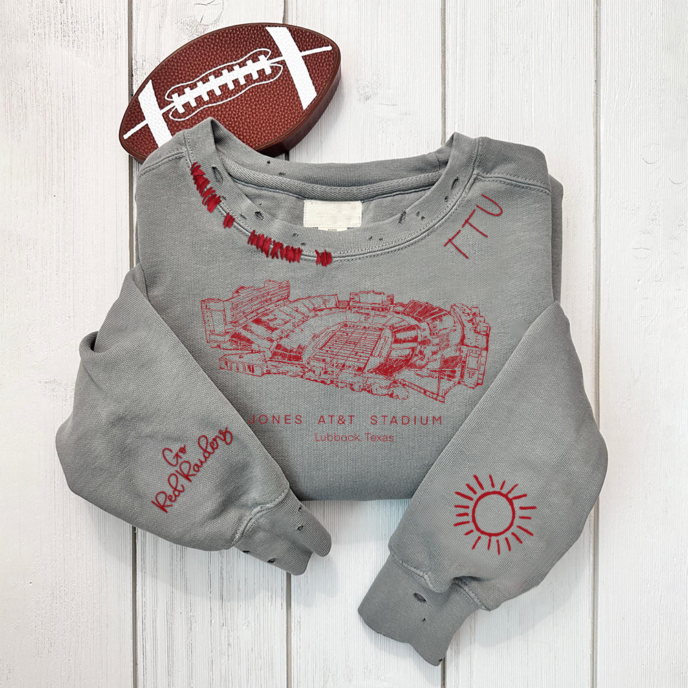 Jones AT&T Stadium - Texas Tech Red Raiders football Unisex Distressed Monogram Collar Sleeve Embroidery Chain Stitch Sweatshirt