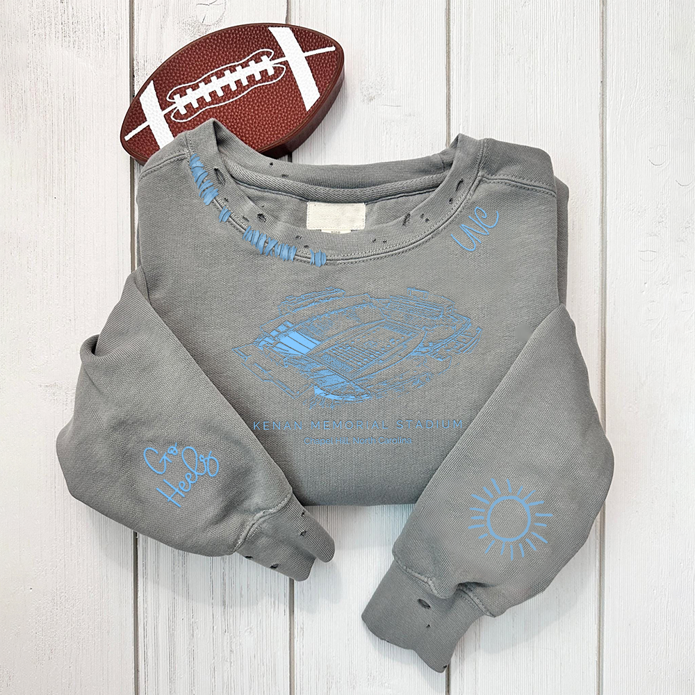 Kenan Memorial Stadium - North Carolina Tar Heels football Unisex Distressed Monogram Collar Sleeve Embroidery Chain Stitch Sweatshirt