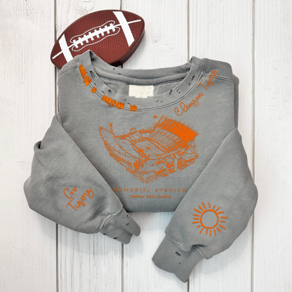 Memorial Stadium (Clemson), Clemson Tigers football Unisex Distressed Monogram Collar Sleeve Embroidery Chain Stitch Sweatshirt