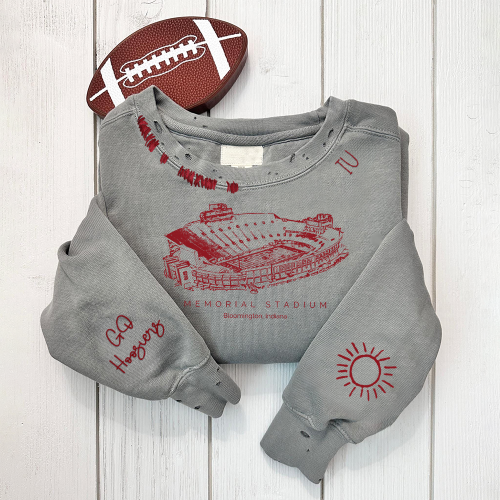 Memorial Stadium (Indiana) - Indiana Hoosiers football Unisex Distressed Monogram Collar Sleeve Embroidery Chain Stitch Sweatshirt