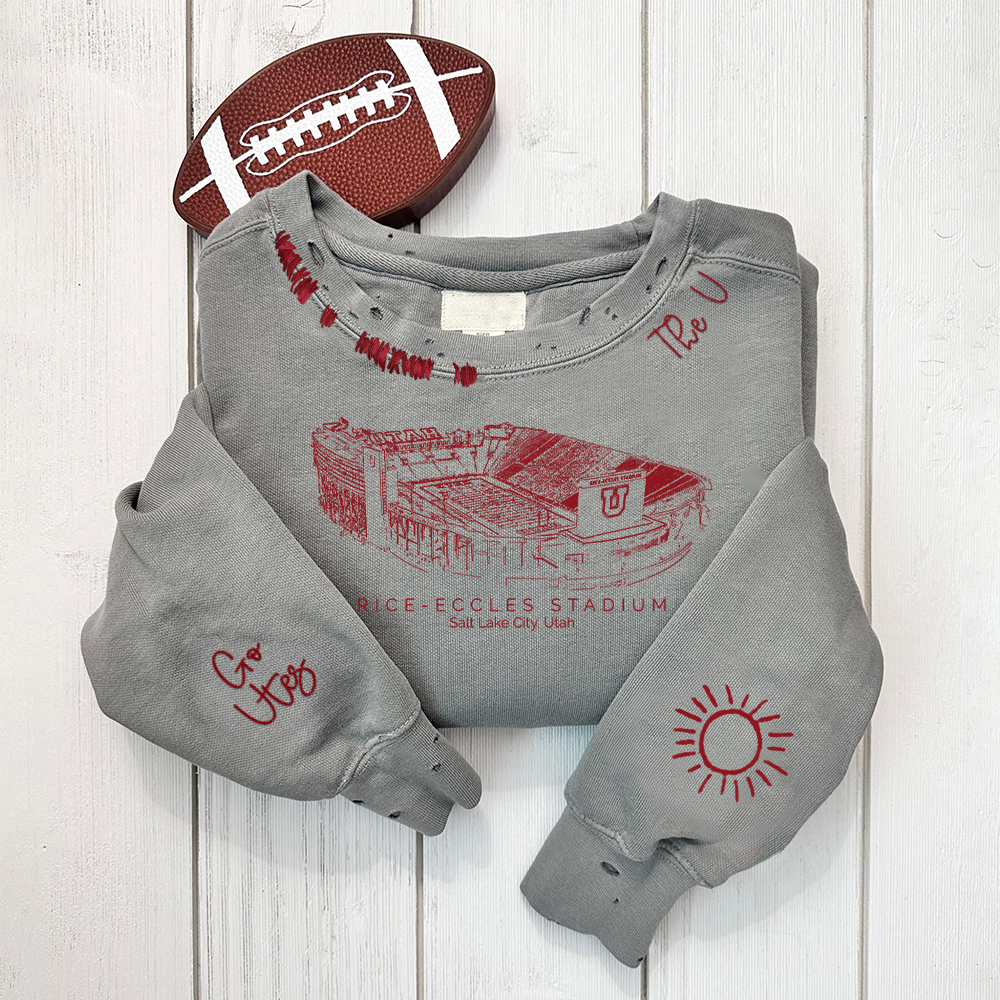 Rice–Eccles Stadium - Utah Utes football Unisex Distressed Monogram Collar Sleeve Embroidery Chain Stitch Sweatshirt