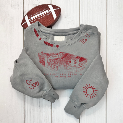 Rice–Eccles Stadium - Utah Utes football Unisex Distressed Monogram Collar Sleeve Embroidery Chain Stitch Sweatshirt
