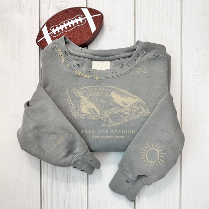 Ross–Ade Stadium - Purdue Boilermakers football Unisex Distressed Monogram Collar Sleeve Embroidery Chain Stitch Sweatshirt