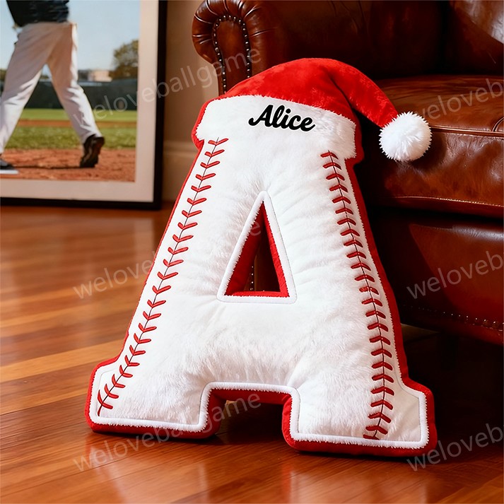 Custom Christmas Santa Hat Baseball Initial Pillow With Custom Name For Kids And Sports Fans